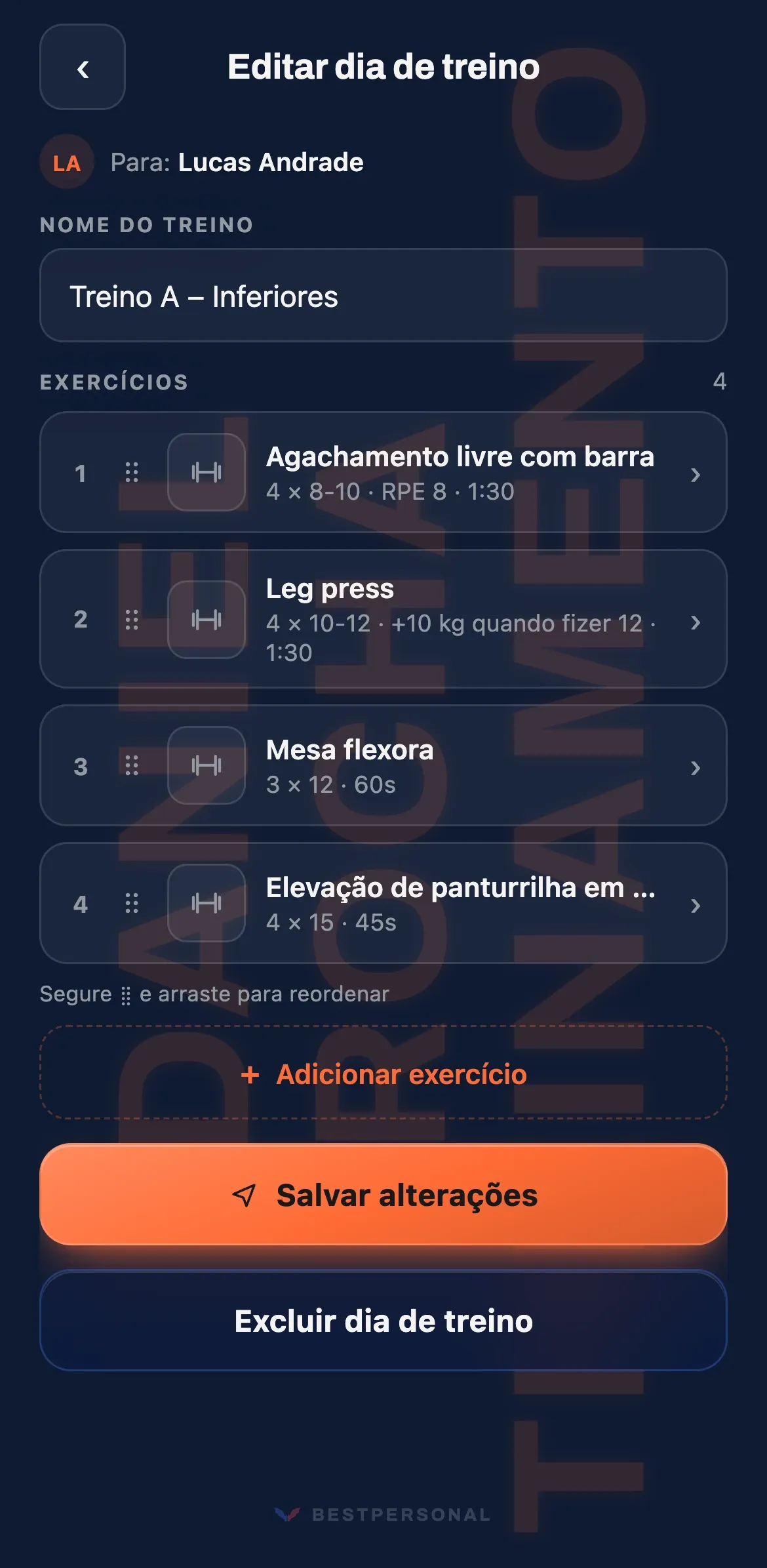 Editor do dia de treino: exercícios com séries, repetições, RPE e descanso, para reordenar arrastando.